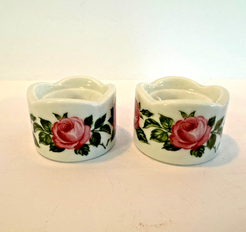 VTG W Germany Floral Taper Candle Holders Pair Cottagecore Pink Roses Ceramic